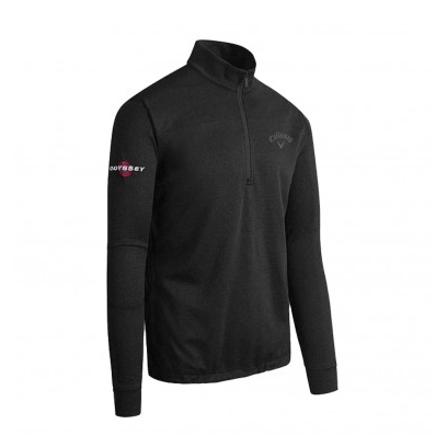 Black quarter-zip pullover with brand logo on sleeve against a white background