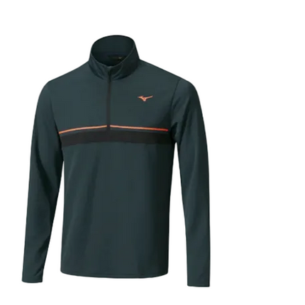 Dark green long-sleeve athletic shirt with orange stripe on a white background, featuring Mizuno logo.