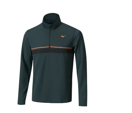Dark green long-sleeve athletic shirt with orange stripe on a white background, featuring Mizuno logo.